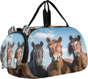 Horse Kids Overnight Sports Duffel Bags with Shoe Compartment & Wet Pocket Travel Sport Gym Bag for Girls Boys