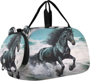 Horse Kids Overnight Sports Duffel Bags with Shoe Compartment & Wet Pocket Travel Sport Gym Bag for Girls Boys
