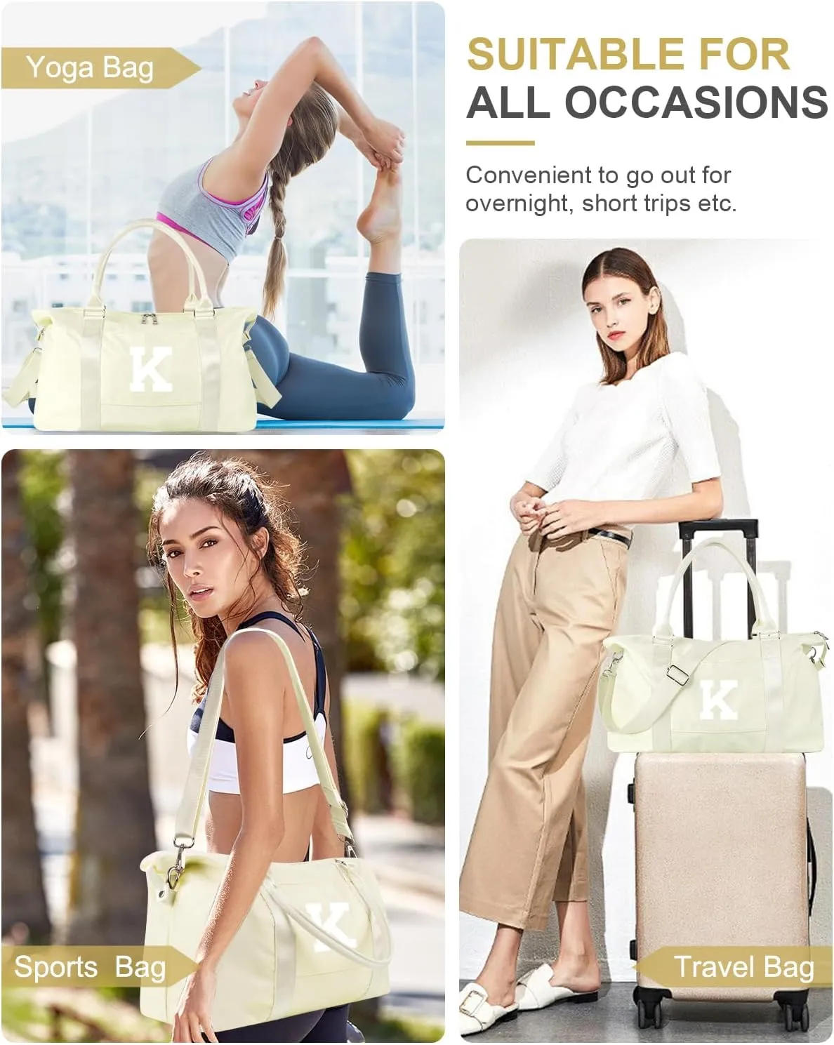 Initial Travel Duffel Bag Sports Gym Bag for Kids Teen Birthday Gifts,Beige Personalized Weekender Bag Carry On Dance Bags for Women Men,Waterproof Monogram Overnight Bag with Trolley Sleeve(Letter K)