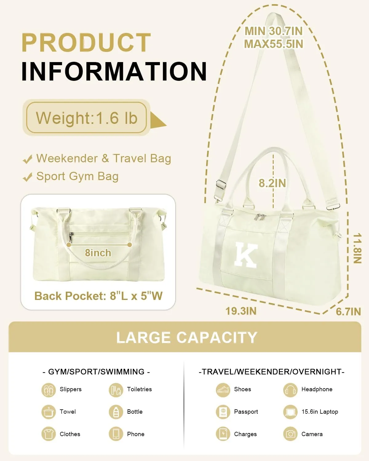 Initial Travel Duffel Bag Sports Gym Bag for Kids Teen Birthday Gifts,Beige Personalized Weekender Bag Carry On Dance Bags for Women Men,Waterproof Monogram Overnight Bag with Trolley Sleeve(Letter K)