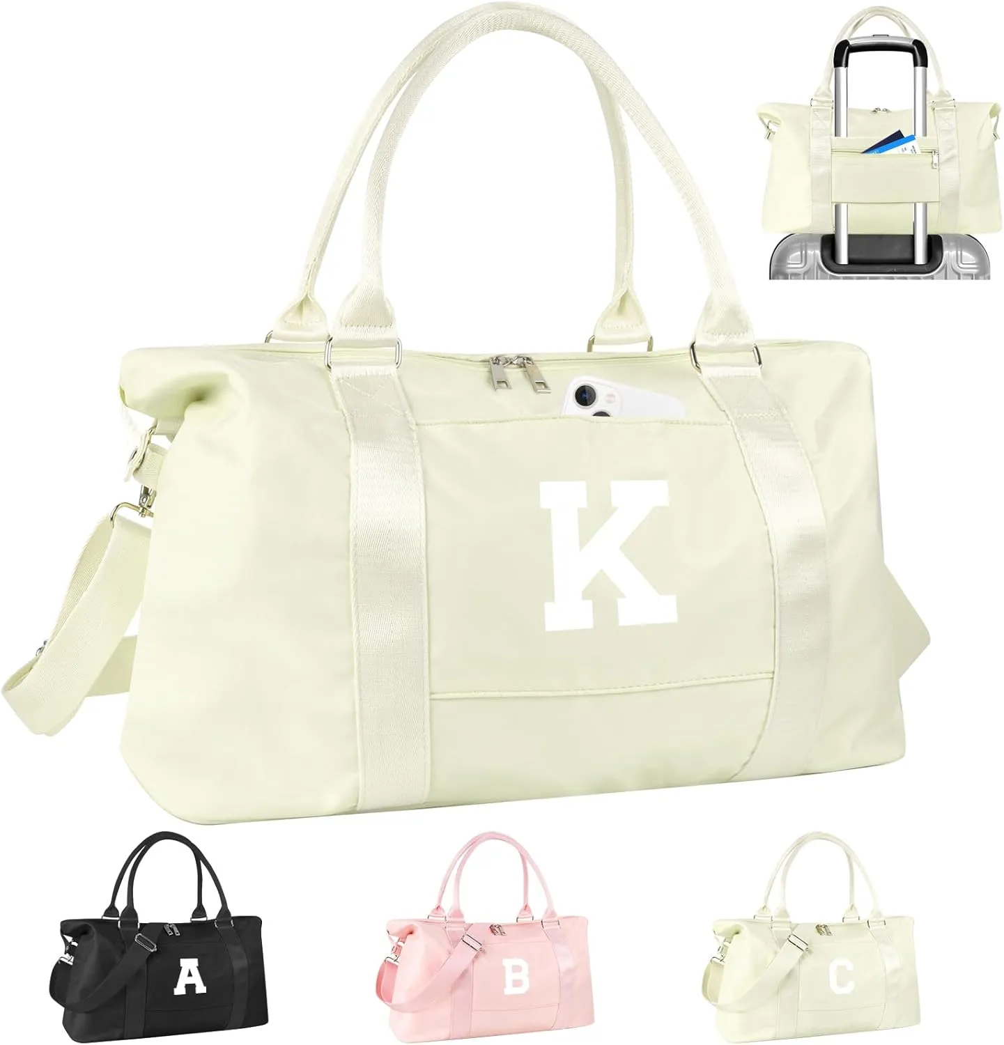 Initial Travel Duffel Bag Sports Gym Bag for Kids Teen Birthday Gifts,Beige Personalized Weekender Bag Carry On Dance Bags for Women Men,Waterproof Monogram Overnight Bag with Trolley Sleeve(Letter K)