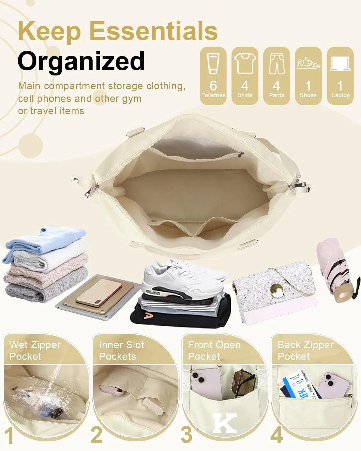 Initial Travel Duffel Bag Sports Gym Bag for Kids Teen Birthday Gifts,Beige Personalized Weekender Bag Carry On Dance Bags for Women Men,Waterproof Monogram Overnight Bag with Trolley Sleeve(Letter K)