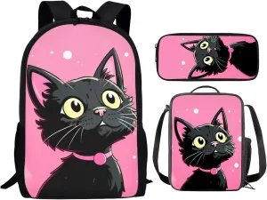 INSTANTARTS Black Cat Girls Backpack with Lunchbox and Pencil Case 8-10 Cute School Bag for Kids Kindergarten Schoolbag Lightweight Book Bags Travel Shoulder Purse