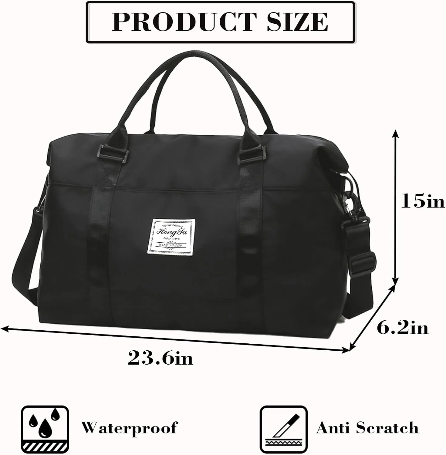 INVODA Travel Duffel Bag Sports Tote Gym Bag Shoulder Weekender Overnight Bag Carry on Travel Bag for Women (Black)