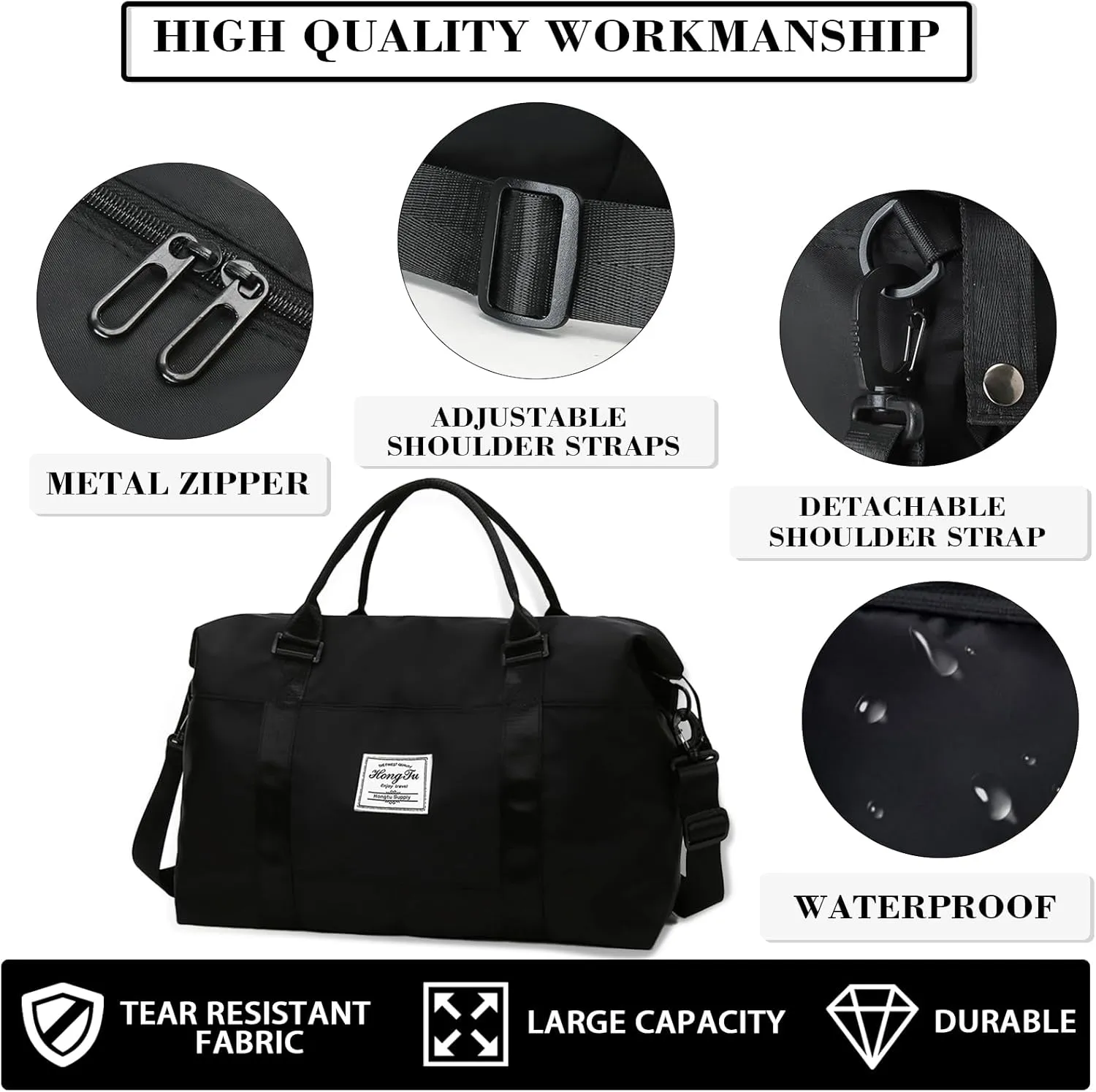 INVODA Travel Duffel Bag Sports Tote Gym Bag Shoulder Weekender Overnight Bag Carry on Travel Bag for Women (Black)