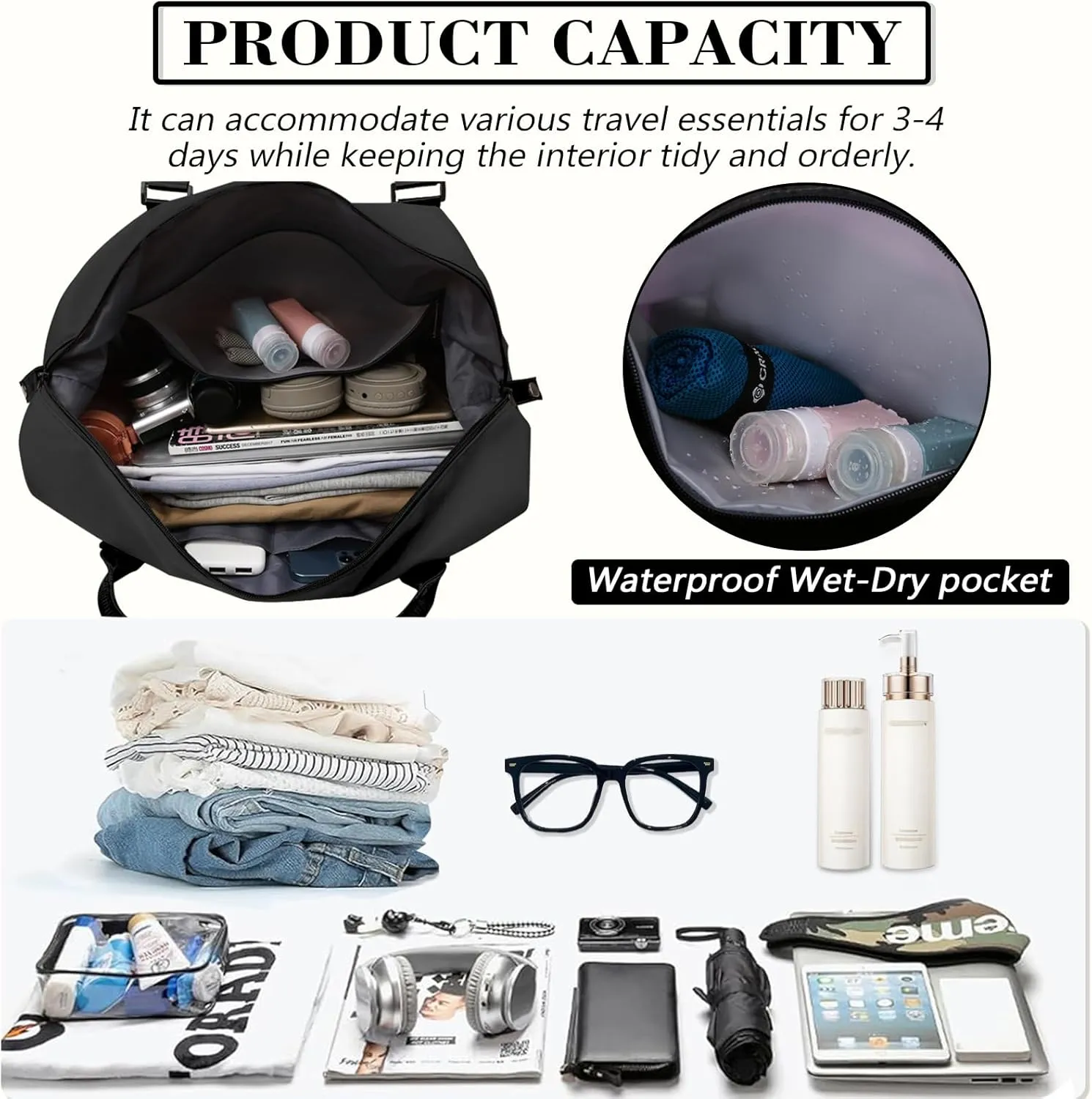 INVODA Travel Duffel Bag Sports Tote Gym Bag Shoulder Weekender Overnight Bag Carry on Travel Bag for Women (Black)