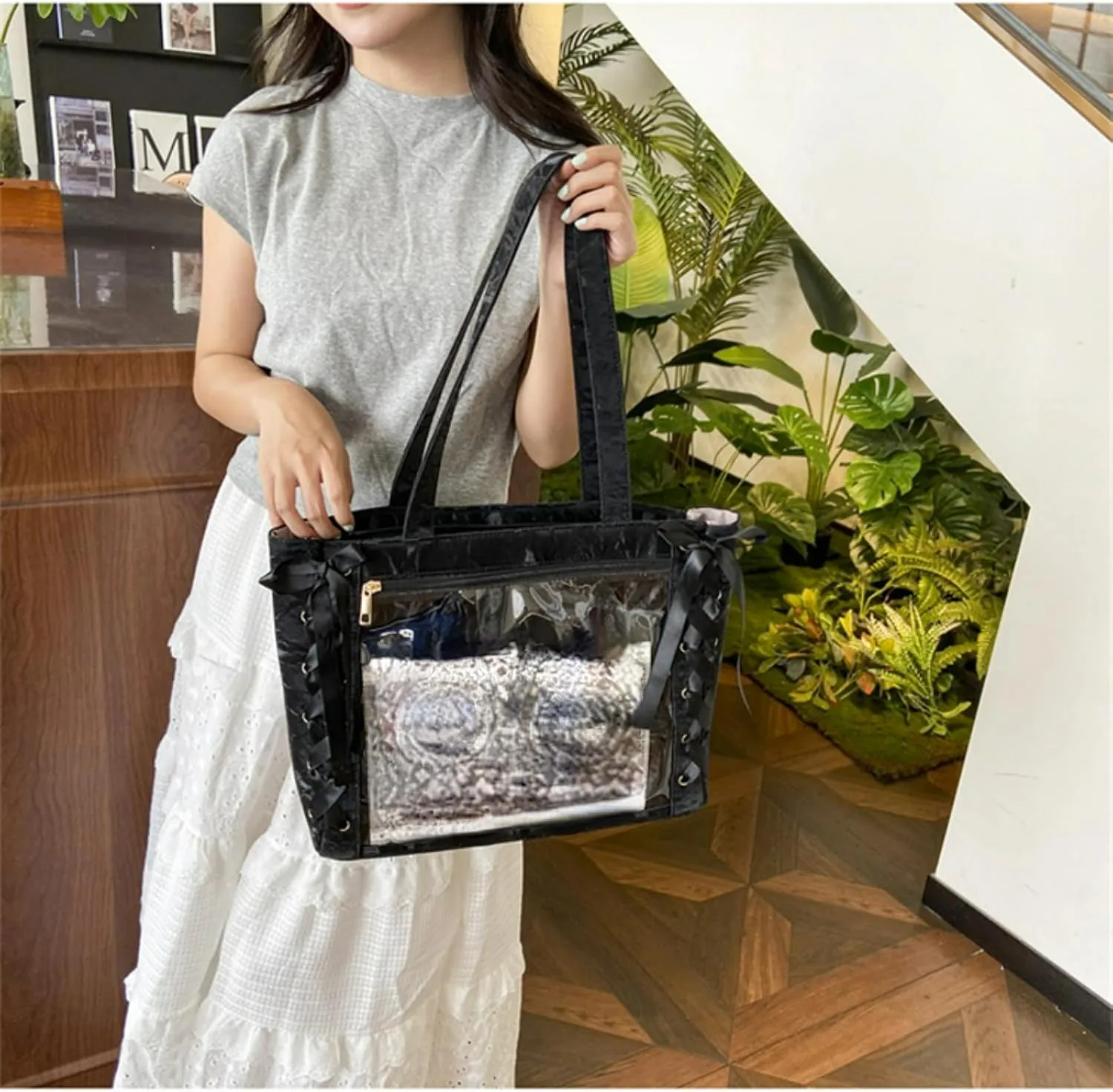 Ita Bag, Cute Bag, Kawaii Large Capacity Transparent Tote with Ribbon Bow