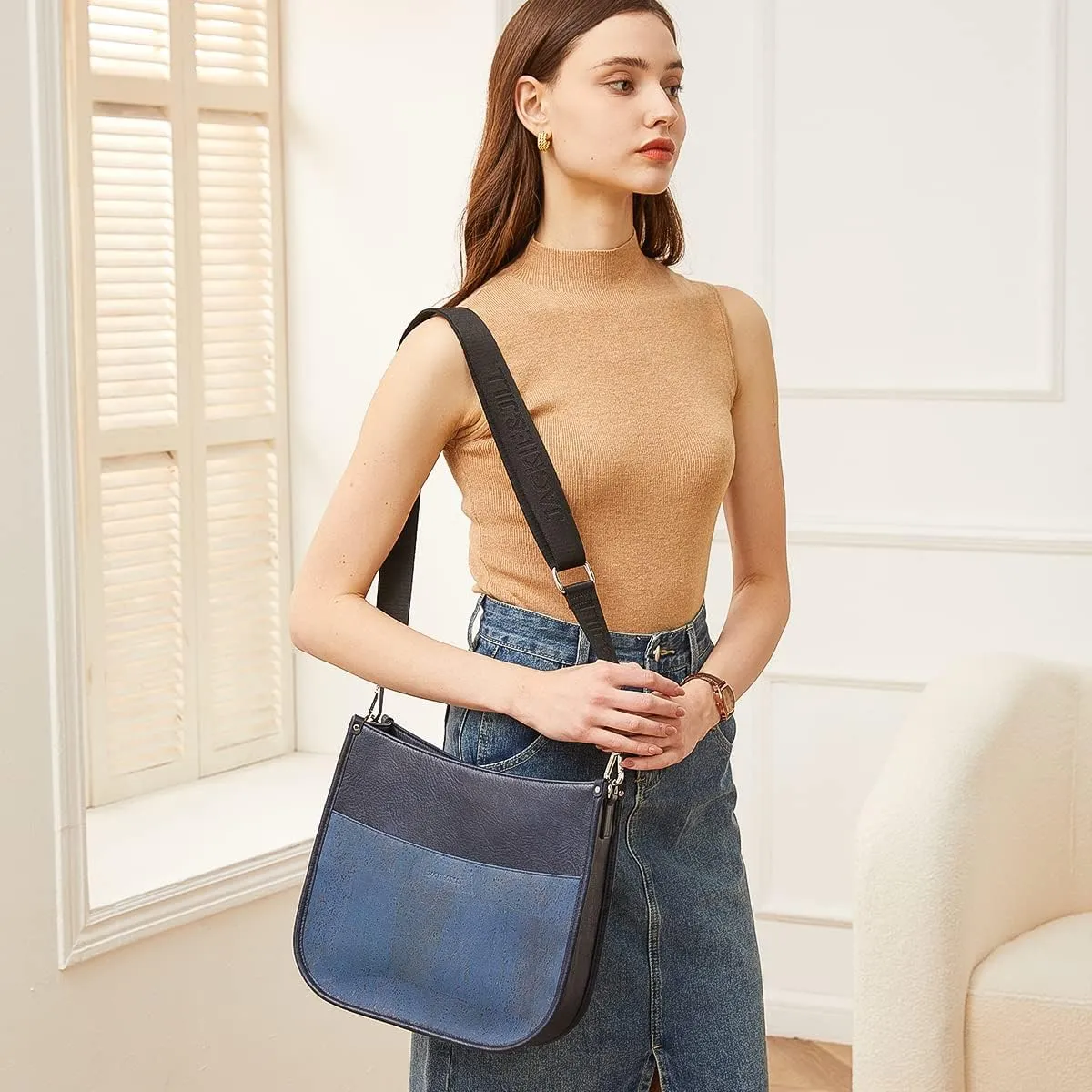Jackie&Jill Crossbody Bag Purses for Women,Medium Cork & Vegen Leather Shoulder bags, Multi Pocket Casual womens purses.