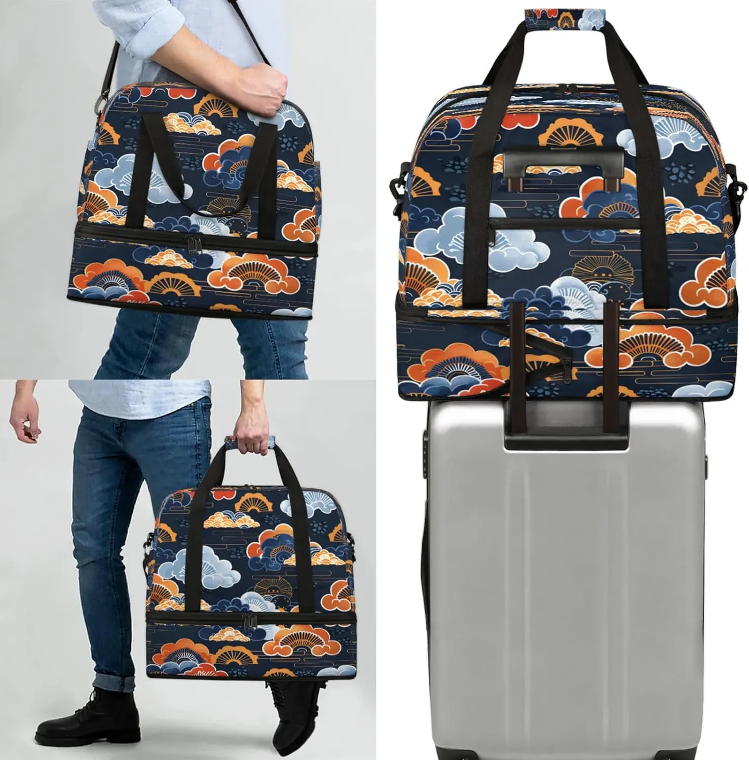 Japanese Fan Cloud Travel Duffel Bags for Women & Men Large Sports Gym Bags Foldie Weekender Overnight Bag Carry On Tote Bag With Shoe Compartment Personal Item Bag for Travel Sports Gym