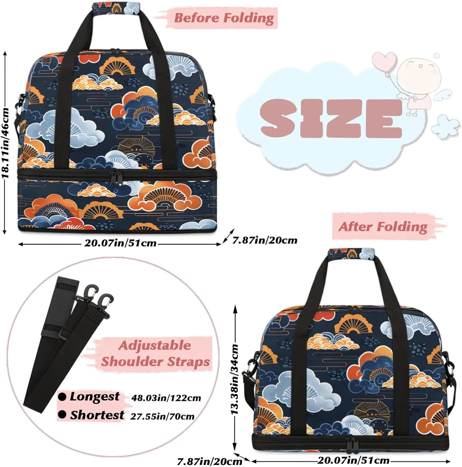 Japanese Fan Cloud Travel Duffel Bags for Women & Men Large Sports Gym Bags Foldie Weekender Overnight Bag Carry On Tote Bag With Shoe Compartment Personal Item Bag for Travel Sports Gym