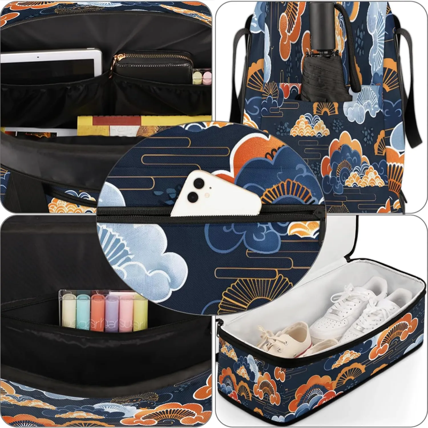 Japanese Fan Cloud Travel Duffel Bags for Women & Men Large Sports Gym Bags Foldie Weekender Overnight Bag Carry On Tote Bag With Shoe Compartment Personal Item Bag for Travel Sports Gym