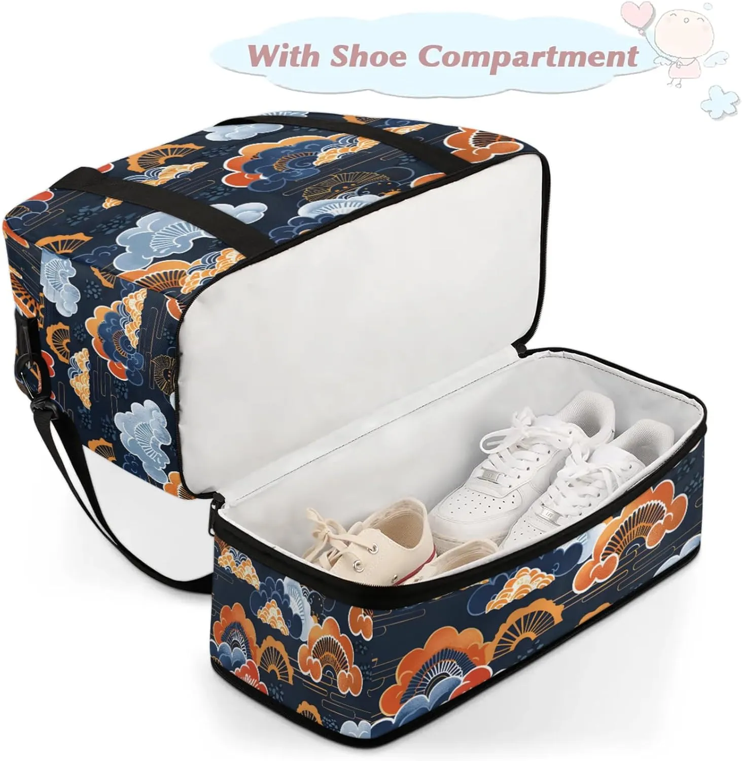 Japanese Fan Cloud Travel Duffel Bags for Women & Men Large Sports Gym Bags Foldie Weekender Overnight Bag Carry On Tote Bag With Shoe Compartment Personal Item Bag for Travel Sports Gym