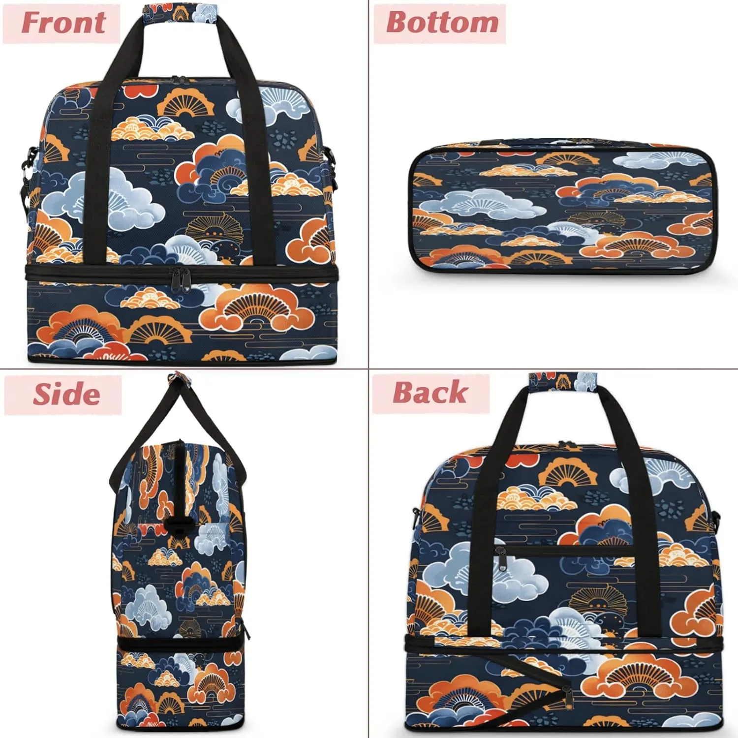Japanese Fan Cloud Travel Duffel Bags for Women & Men Large Sports Gym Bags Foldie Weekender Overnight Bag Carry On Tote Bag With Shoe Compartment Personal Item Bag for Travel Sports Gym
