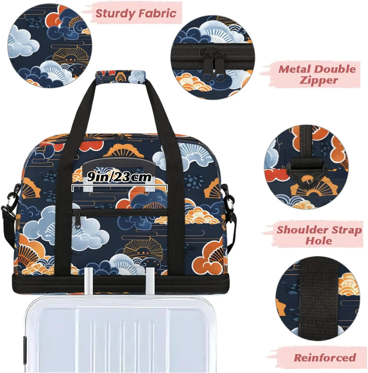 Japanese Fan Cloud Travel Duffel Bags for Women & Men Large Sports Gym Bags Foldie Weekender Overnight Bag Carry On Tote Bag With Shoe Compartment Personal Item Bag for Travel Sports Gym