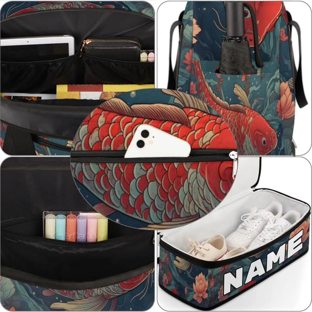 Japanese Kois Fish Flower Custom Foldable Duffle Bag with Shoes Compartment Personalized Large Capacity Waterproof Travel Weekender Bag Overnight Bag for Sports Gym