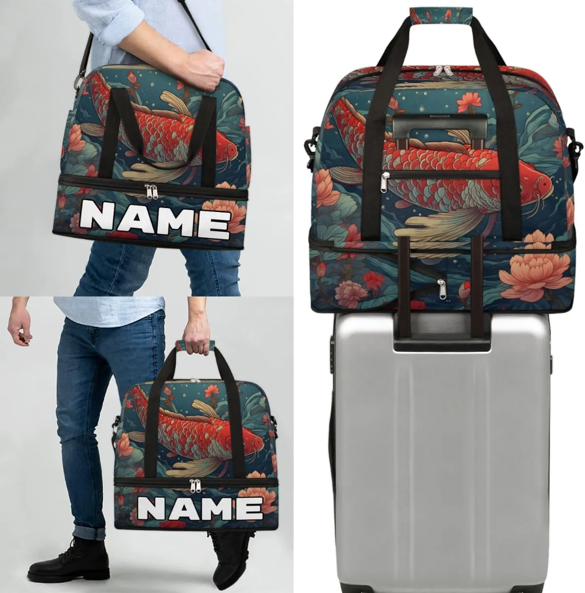 Japanese Kois Fish Flower Custom Foldable Duffle Bag with Shoes Compartment Personalized Large Capacity Waterproof Travel Weekender Bag Overnight Bag for Sports Gym