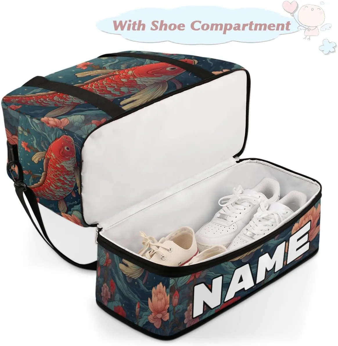 Japanese Kois Fish Flower Custom Foldable Duffle Bag with Shoes Compartment Personalized Large Capacity Waterproof Travel Weekender Bag Overnight Bag for Sports Gym