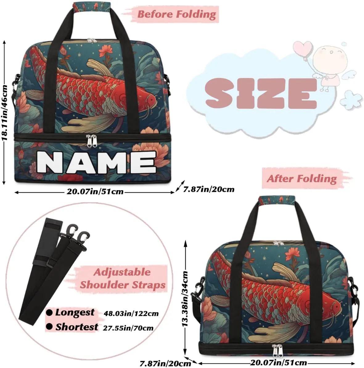 Japanese Kois Fish Flower Custom Foldable Duffle Bag with Shoes Compartment Personalized Large Capacity Waterproof Travel Weekender Bag Overnight Bag for Sports Gym