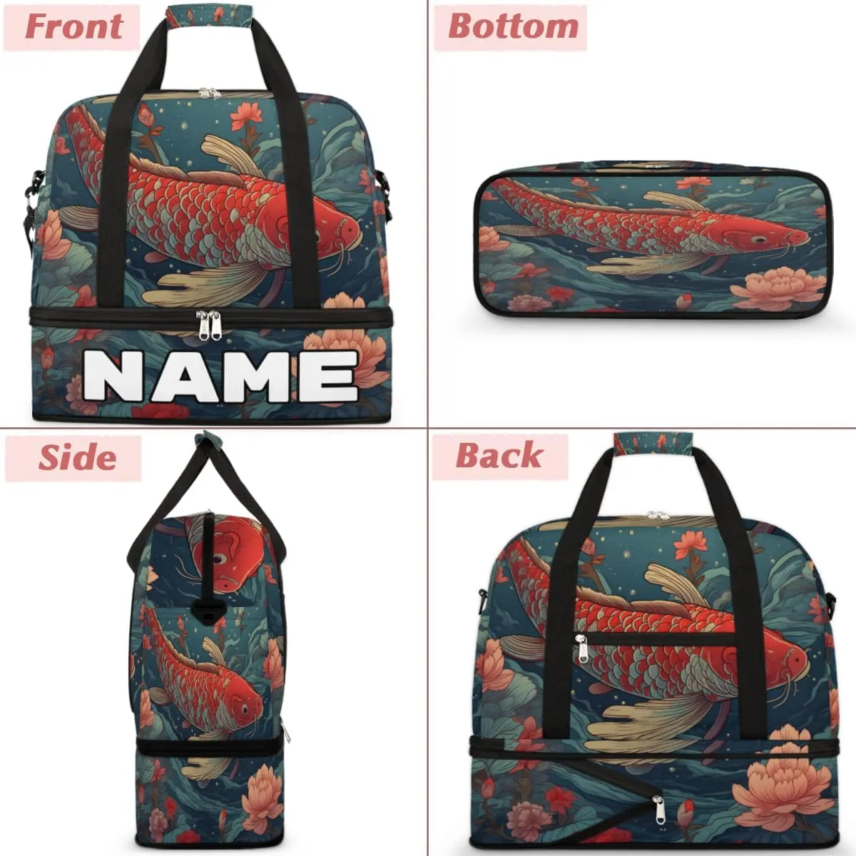 Japanese Kois Fish Flower Custom Foldable Duffle Bag with Shoes Compartment Personalized Large Capacity Waterproof Travel Weekender Bag Overnight Bag for Sports Gym