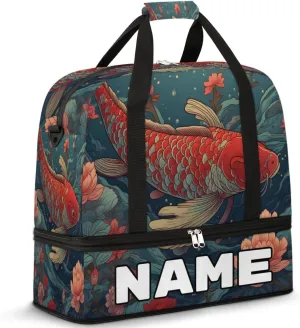 Japanese Kois Fish Flower Custom Foldable Duffle Bag with Shoes Compartment Personalized Large Capacity Waterproof Travel Weekender Bag Overnight Bag for Sports Gym