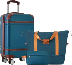 JCSD Hardshell Luggage Set with Carry-on Suitcase and Travel Bags, 20-inch Double Spinner Wheels, Vintage Design, Blue