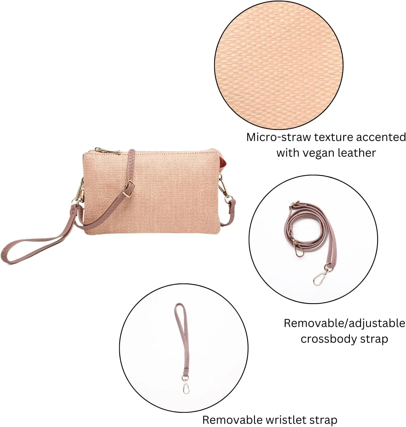 JEN & CO. Riley Micro Straw Small Crossbody Bags Vegan Leather Wristlet Wallets Clutch Purses Shoulder Handbag for Women