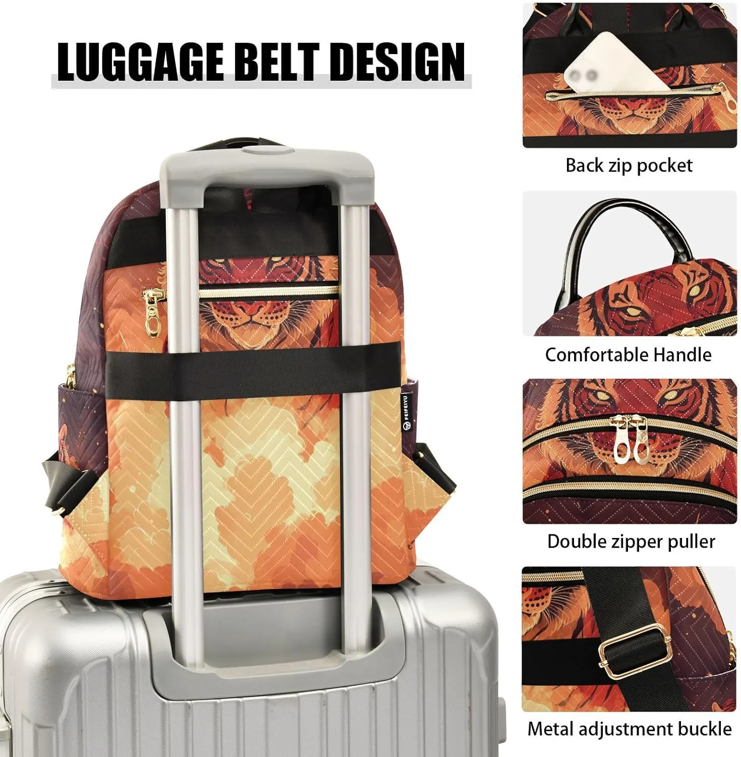 JIPONI Tiger Flame Small Backpack for Women, Travel Purse Back Pack, Casual Daypack, Lightweight Bag-S