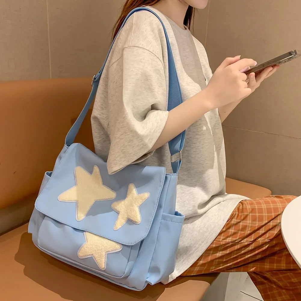 Kawaii Messenger Bag Cute Crossbody Bag Kawaii Aesthetic Shoulder Bag for Women Canvas Flap Messenger Bag