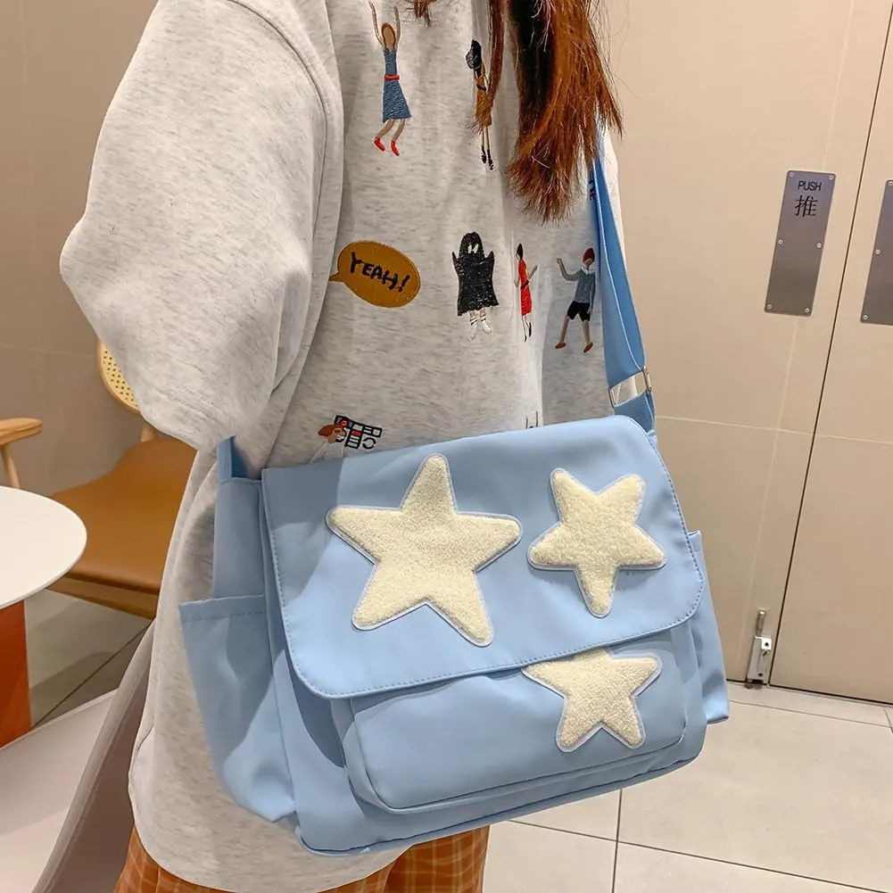 Kawaii Messenger Bag Cute Crossbody Bag Kawaii Aesthetic Shoulder Bag for Women Canvas Flap Messenger Bag