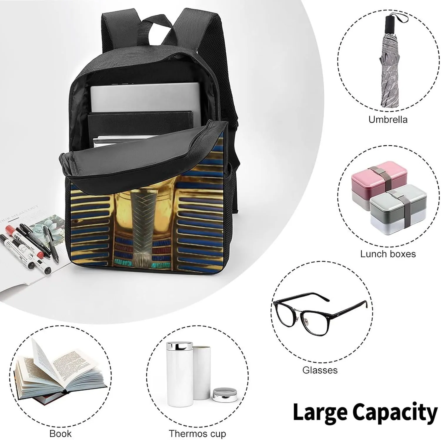 King Pharaoh Tutankhamun Egypt Egyptian Backpack,Lightweight School College Bookbag Casual Student Travel Laptop Daypack - 17inch