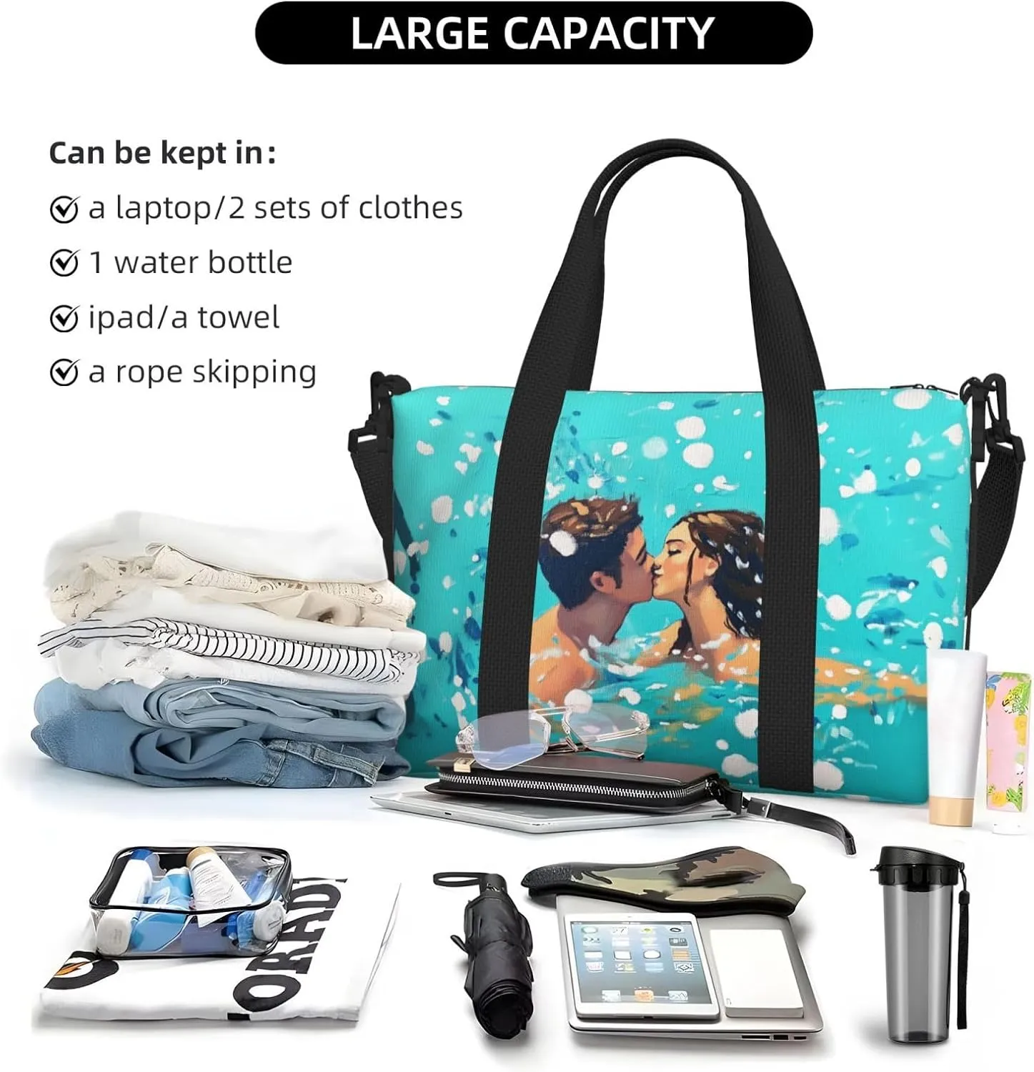 kiss in the pool print Travel Duffel Bag, Sports Tote Gym Bag, Swim Pool Bag Large Shoulder Tote Bag for Beach Weekender