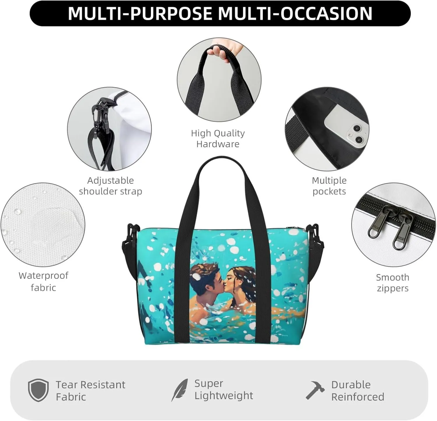 kiss in the pool print Travel Duffel Bag, Sports Tote Gym Bag, Swim Pool Bag Large Shoulder Tote Bag for Beach Weekender