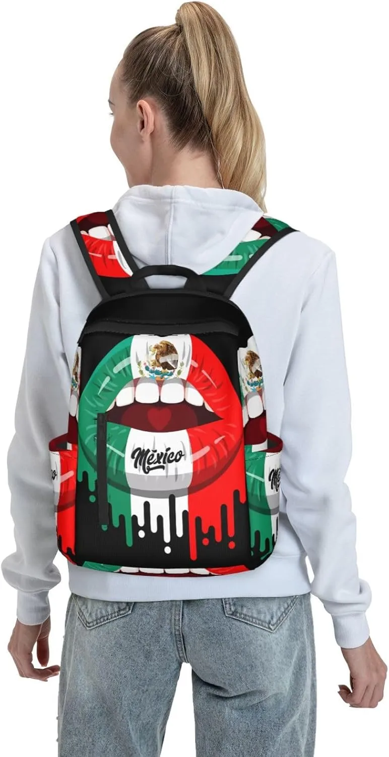 Kiss Mexico Flag Lips Casual Laptop Backpack Travel Rucksack Sports Daypack Adjustable Strap Bags with Multi-Pockets for Working Running Camping