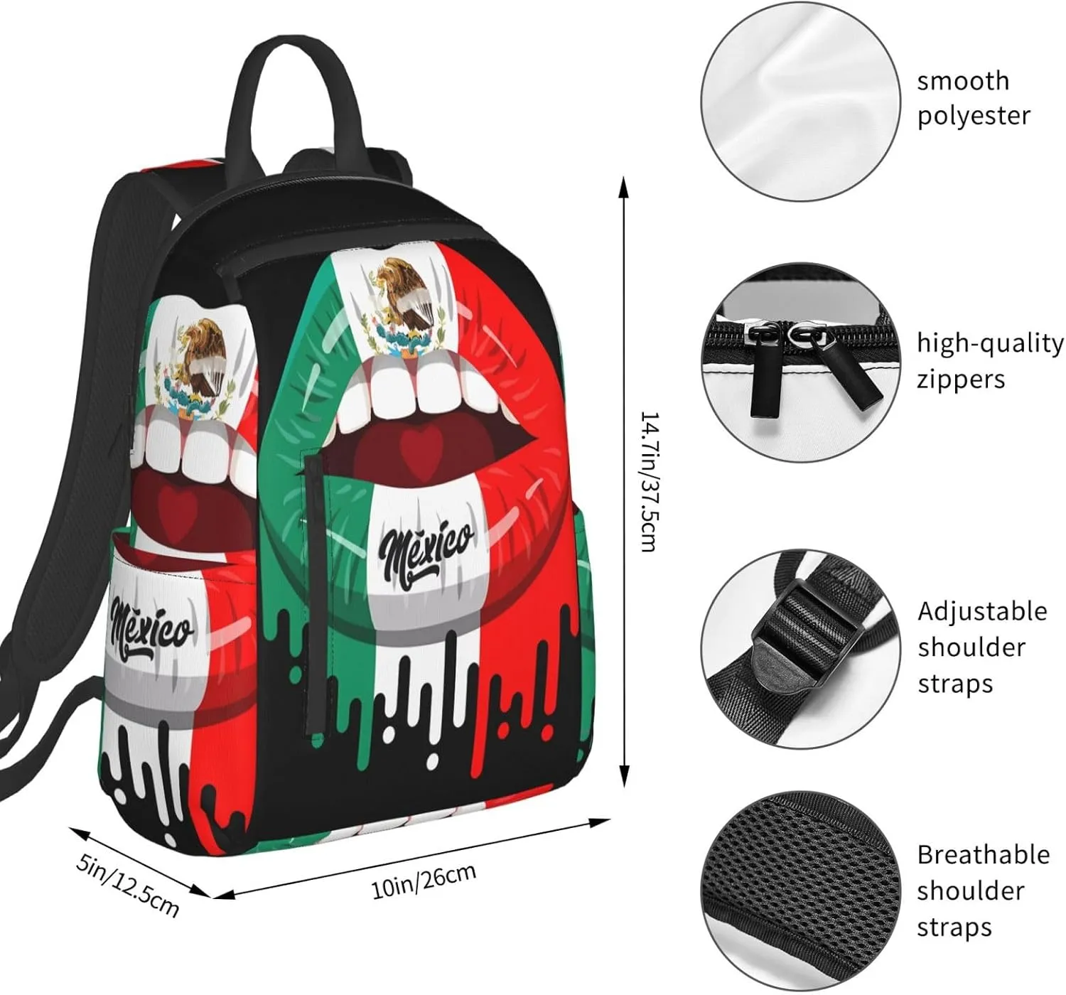 Kiss Mexico Flag Lips Casual Laptop Backpack Travel Rucksack Sports Daypack Adjustable Strap Bags with Multi-Pockets for Working Running Camping