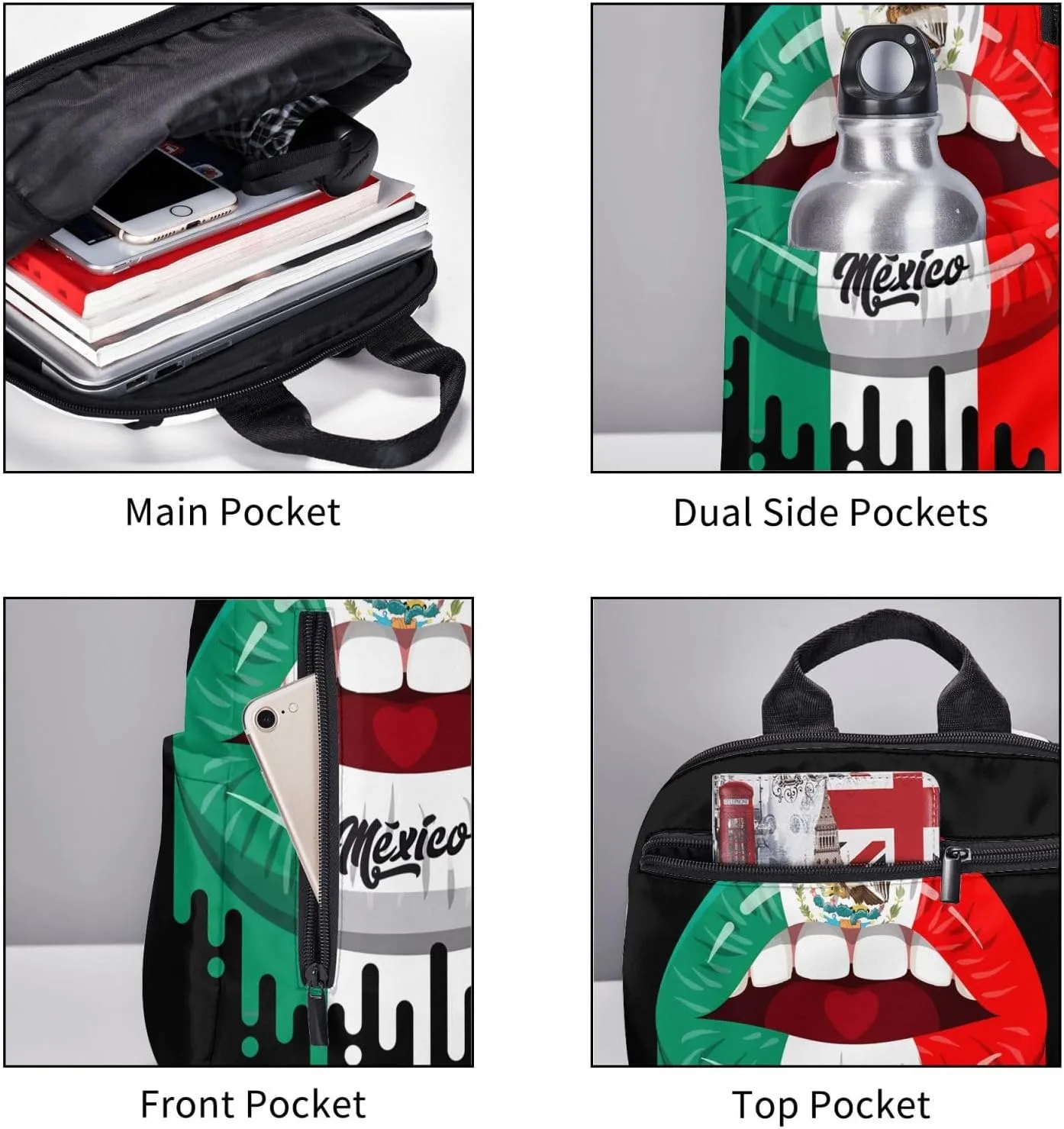 Kiss Mexico Flag Lips Casual Laptop Backpack Travel Rucksack Sports Daypack Adjustable Strap Bags with Multi-Pockets for Working Running Camping