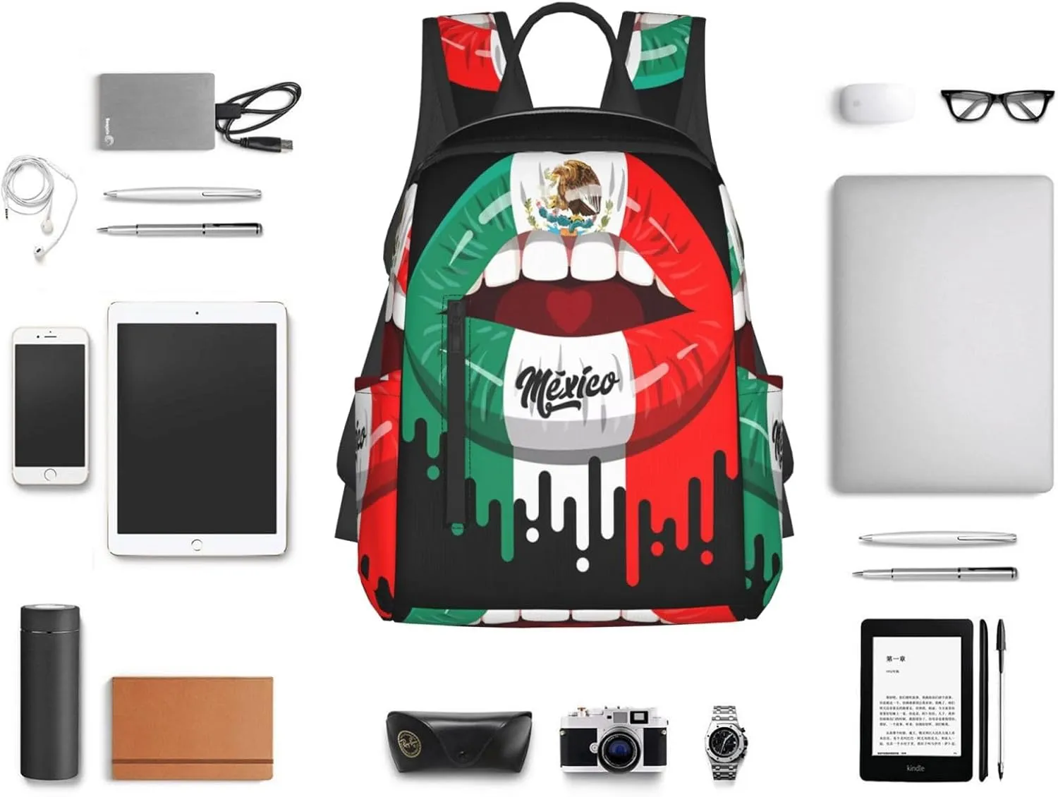 Kiss Mexico Flag Lips Casual Laptop Backpack Travel Rucksack Sports Daypack Adjustable Strap Bags with Multi-Pockets for Working Running Camping