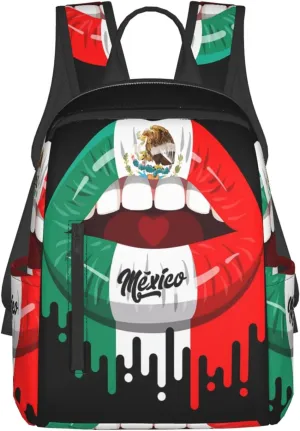 Kiss Mexico Flag Lips Casual Laptop Backpack Travel Rucksack Sports Daypack Adjustable Strap Bags with Multi-Pockets for Working Running Camping