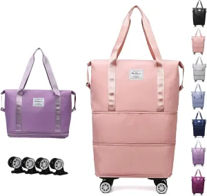 Klarson Expandable Bag with Wheels, Expandable Bag with Wheels, Expandable Rolling Duffel Bag, Foldable Suitcase without Handle (Pink)