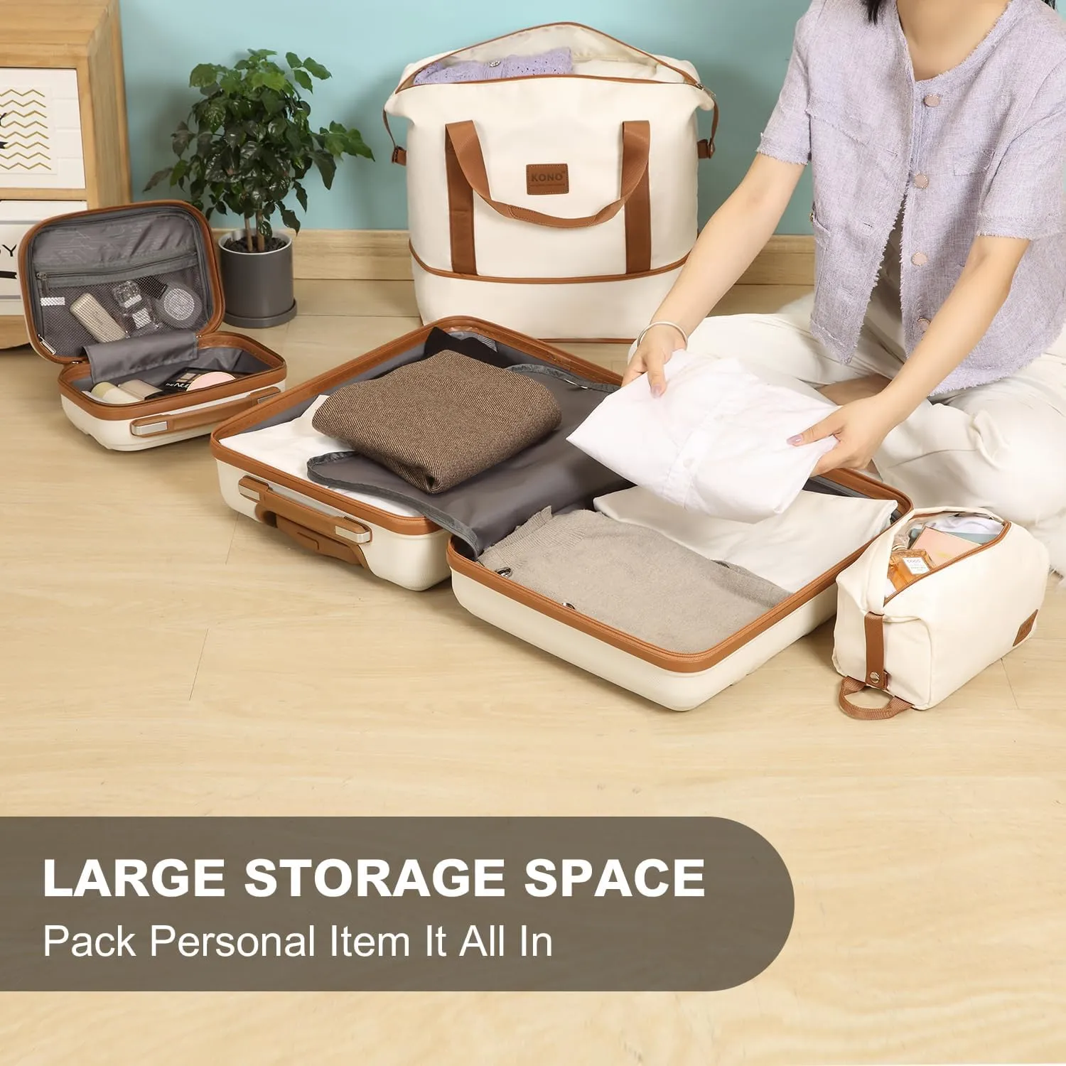 Kono Luggage Set 4 Piece Carry On Hardside Luggage with TSA Lock Spinner Wheels Carry On Suitcase Cream White