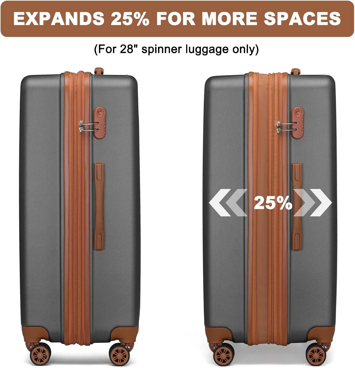 Kono Luggage Sets 5 Piece with Travel Duffel Bag, Expandable(Only 28") Suitcase Set ABS Hard Case Luggage with Spinner Wheels Durable Travel (Grey Brown, 5 Piece Set)