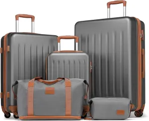 Kono Luggage Sets 5 Piece with Travel Duffel Bag, Expandable(Only 28") Suitcase Set ABS Hard Case Luggage with Spinner Wheels Durable Travel (Grey Brown, 5 Piece Set)