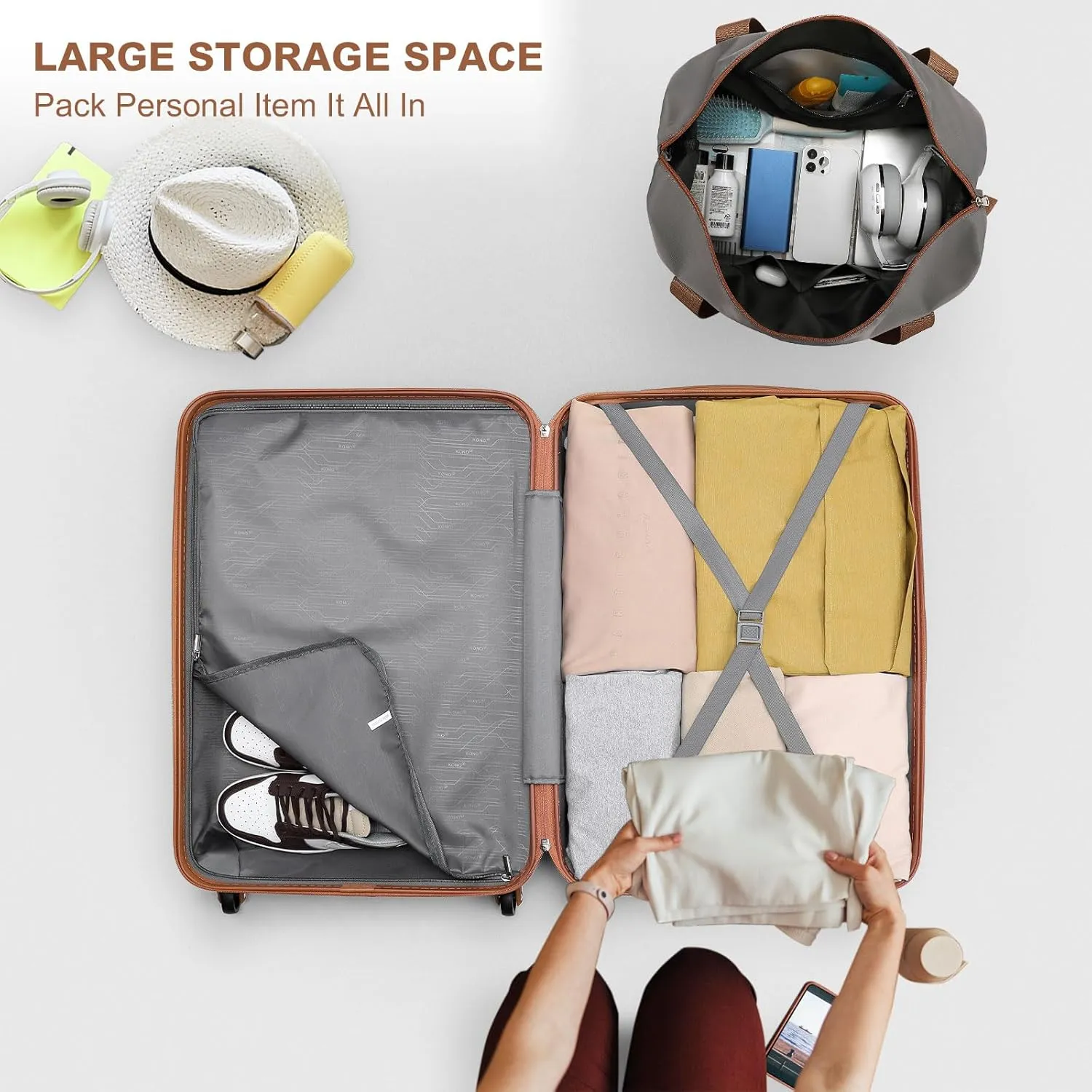 Kono Luggage Sets 5 Piece with Travel Duffel Bag, Expandable(Only 28") Suitcase Set ABS Hard Case Luggage with Spinner Wheels Durable Travel (Grey Brown, 5 Piece Set)
