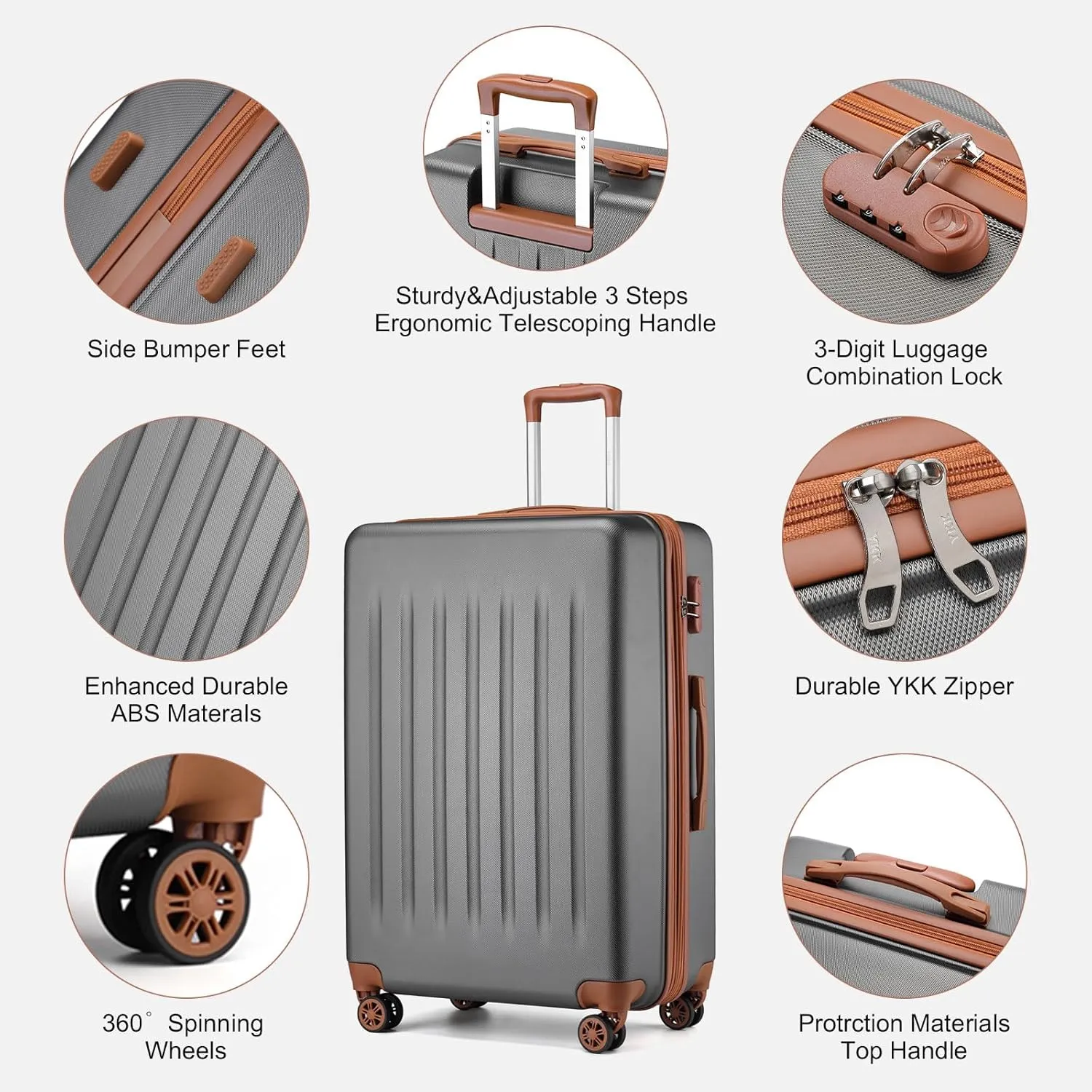 Kono Luggage Sets 5 Piece with Travel Duffel Bag, Expandable(Only 28") Suitcase Set ABS Hard Case Luggage with Spinner Wheels Durable Travel (Grey Brown, 5 Piece Set)