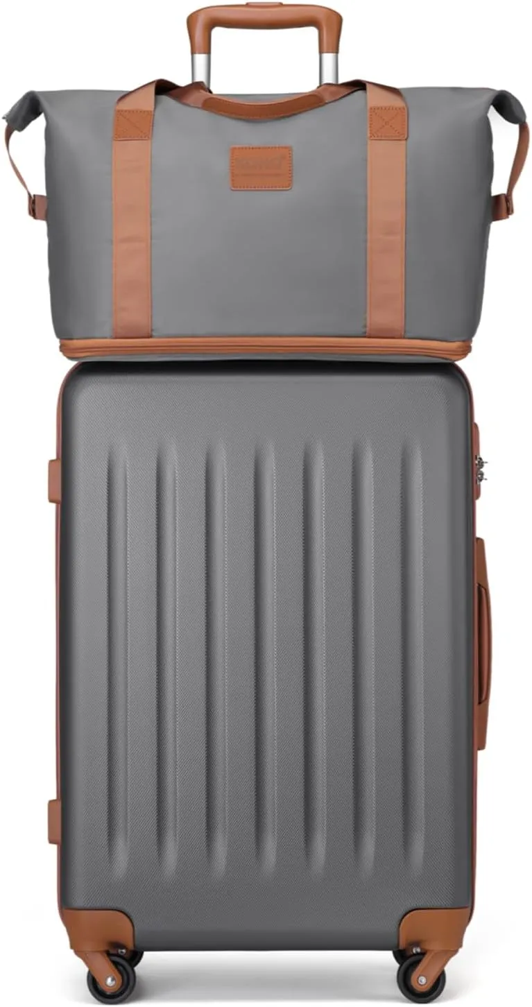 Kono Luggage Sets 5 Piece with Travel Duffel Bag, Expandable(Only 28") Suitcase Set ABS Hard Case Luggage with Spinner Wheels Durable Travel (Grey Brown, 5 Piece Set)