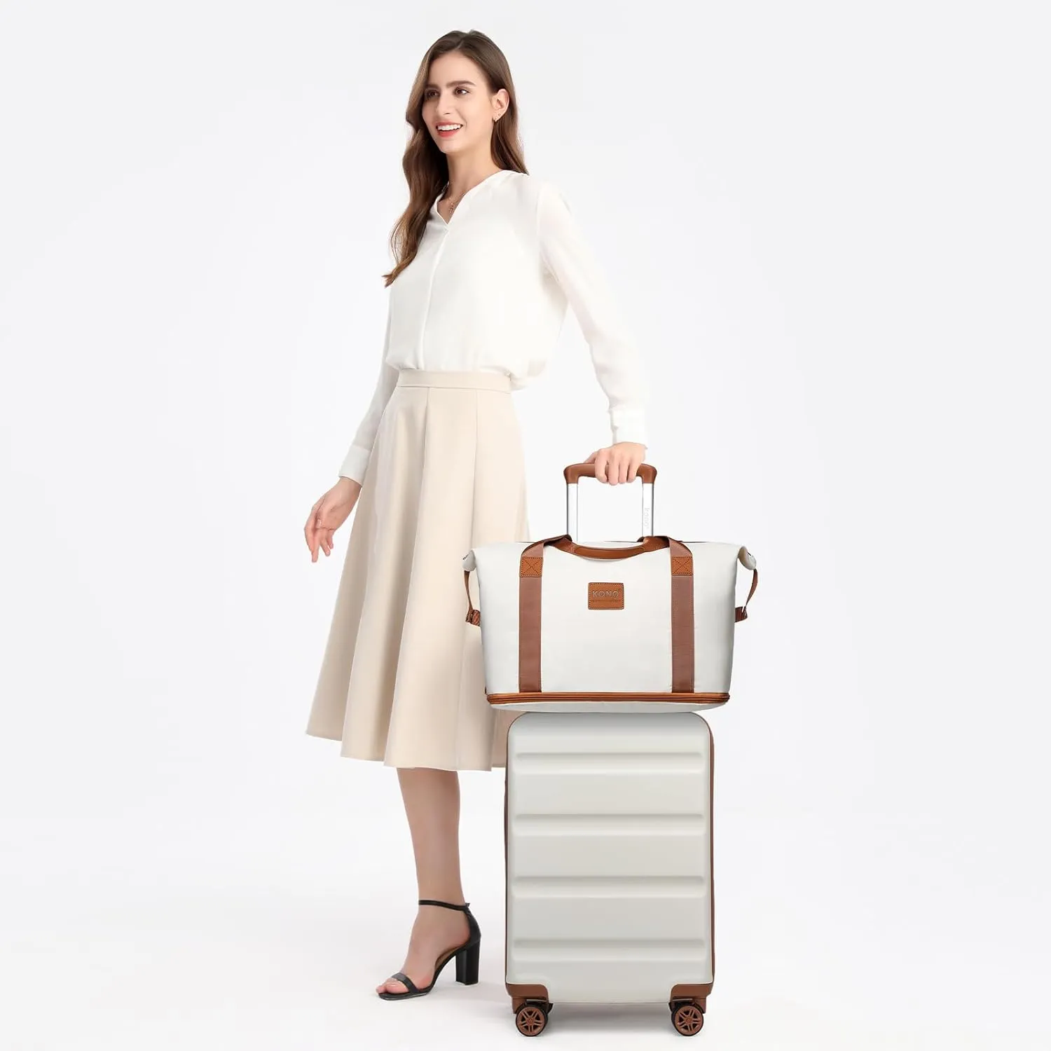 Kono Suitcase Set 3 Piece Hardshell Carry On Luggage 22x14x9 Airline Approved with TSA Lock Spinner Wheels Lightweight Luggage Set Cream White(DB/TB/20)