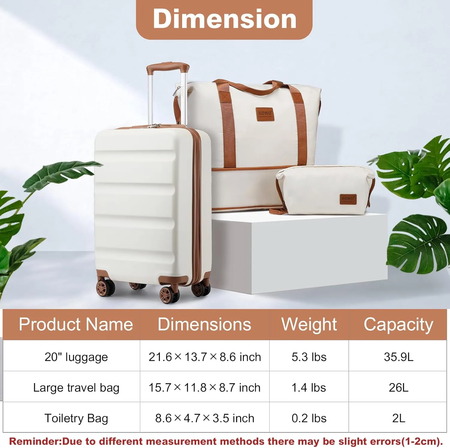 Kono Suitcase Set 3 Piece Hardshell Carry On Luggage 22x14x9 Airline Approved with TSA Lock Spinner Wheels Lightweight Luggage Set Cream White(DB/TB/20)