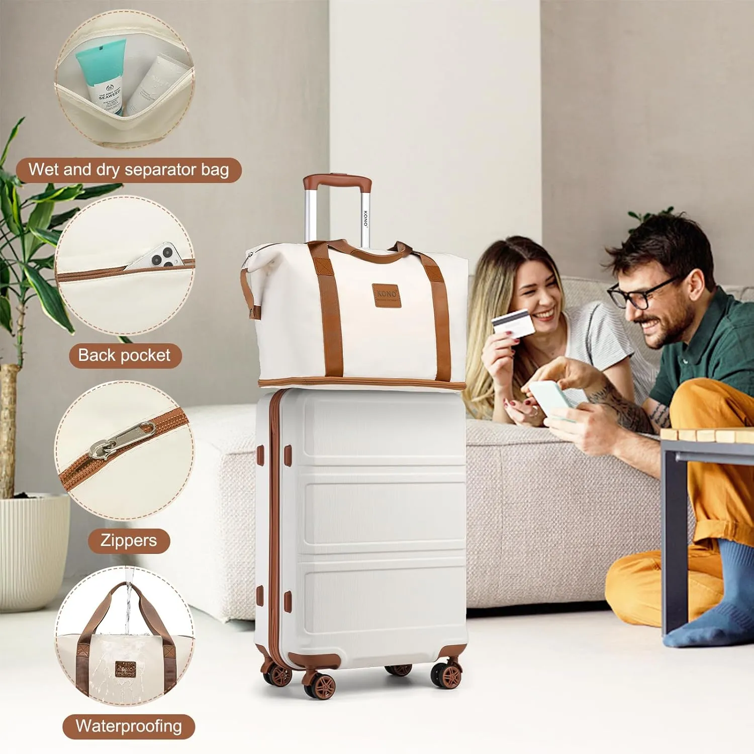 Kono Suitcase Set 3 Piece Luggage Set Expandable(only 28") Carry On Hardside Luggage with TSA Lock Spinner Wheels (Cream White, 6 piece set)