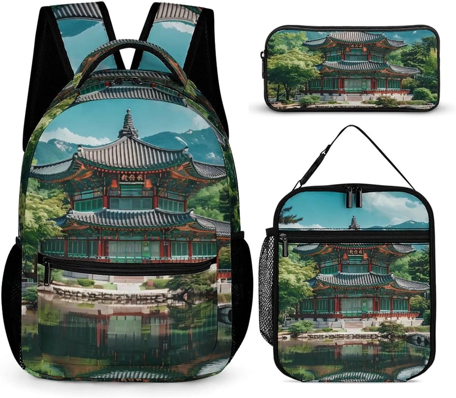 Korean Architecture Palace of Koreas 3PCS Backpack Set Travel Laptop Daypack with Lunch Bag And Pencil Case