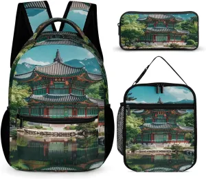 Korean Architecture Palace of Koreas 3PCS Backpack Set Travel Laptop Daypack with Lunch Bag And Pencil Case