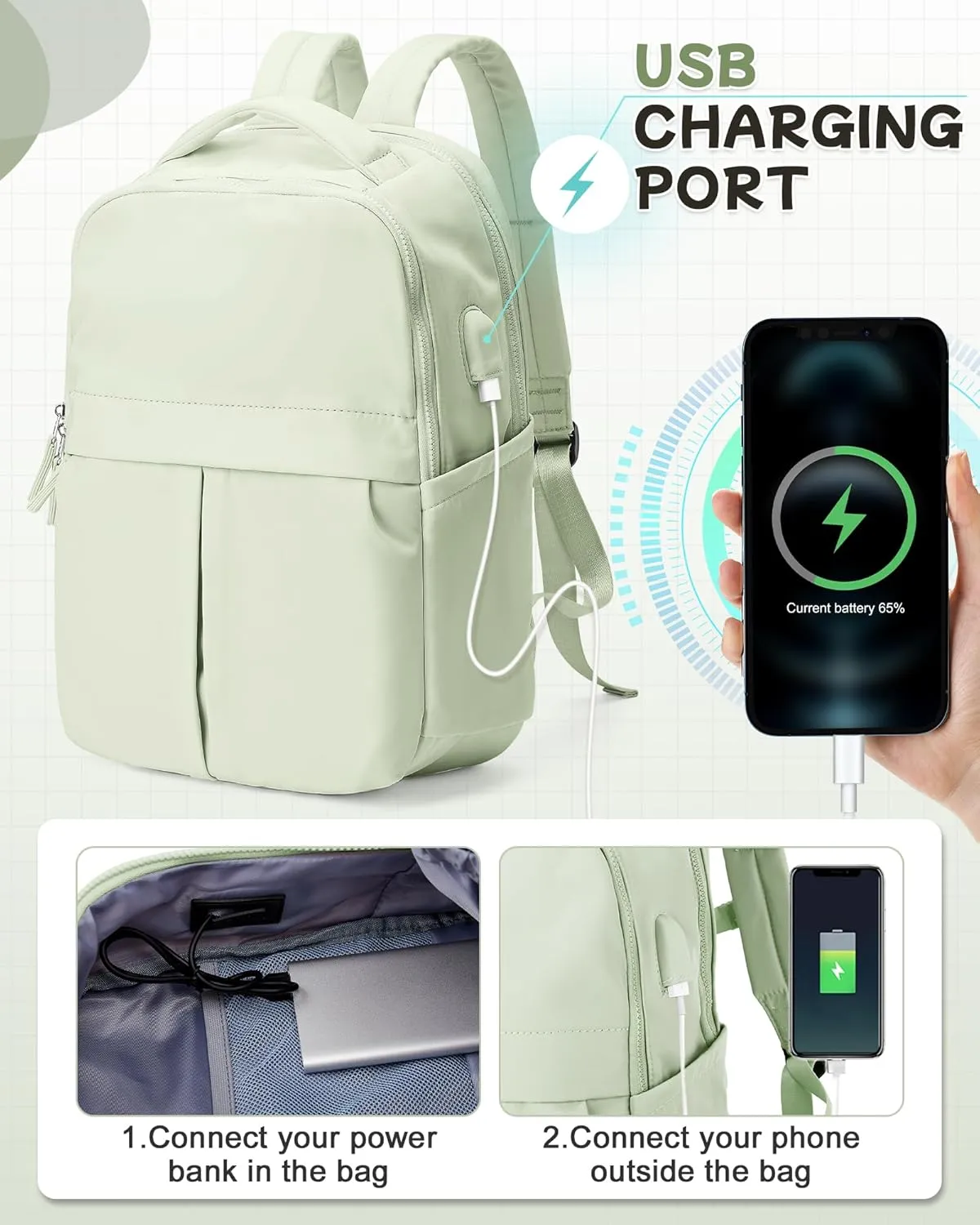 Laptop Backpack for Women Men Gym Work Backpack Casual Daypack Backpacks Small Travel Backpack for Traveling on Airplane Lightweight College Teacher Backpacks for Women Green